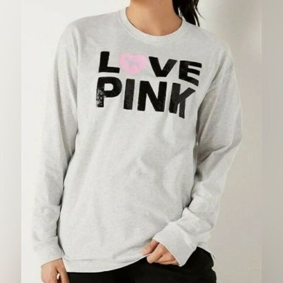 Victoria’s Secret Pink Originals bling sequins campus tee shirt long sleeve Gray - Picture 1 of 8
